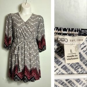 Cato Casual Dress Faux Wrap Midi Women's Size L Geo Tie Waist